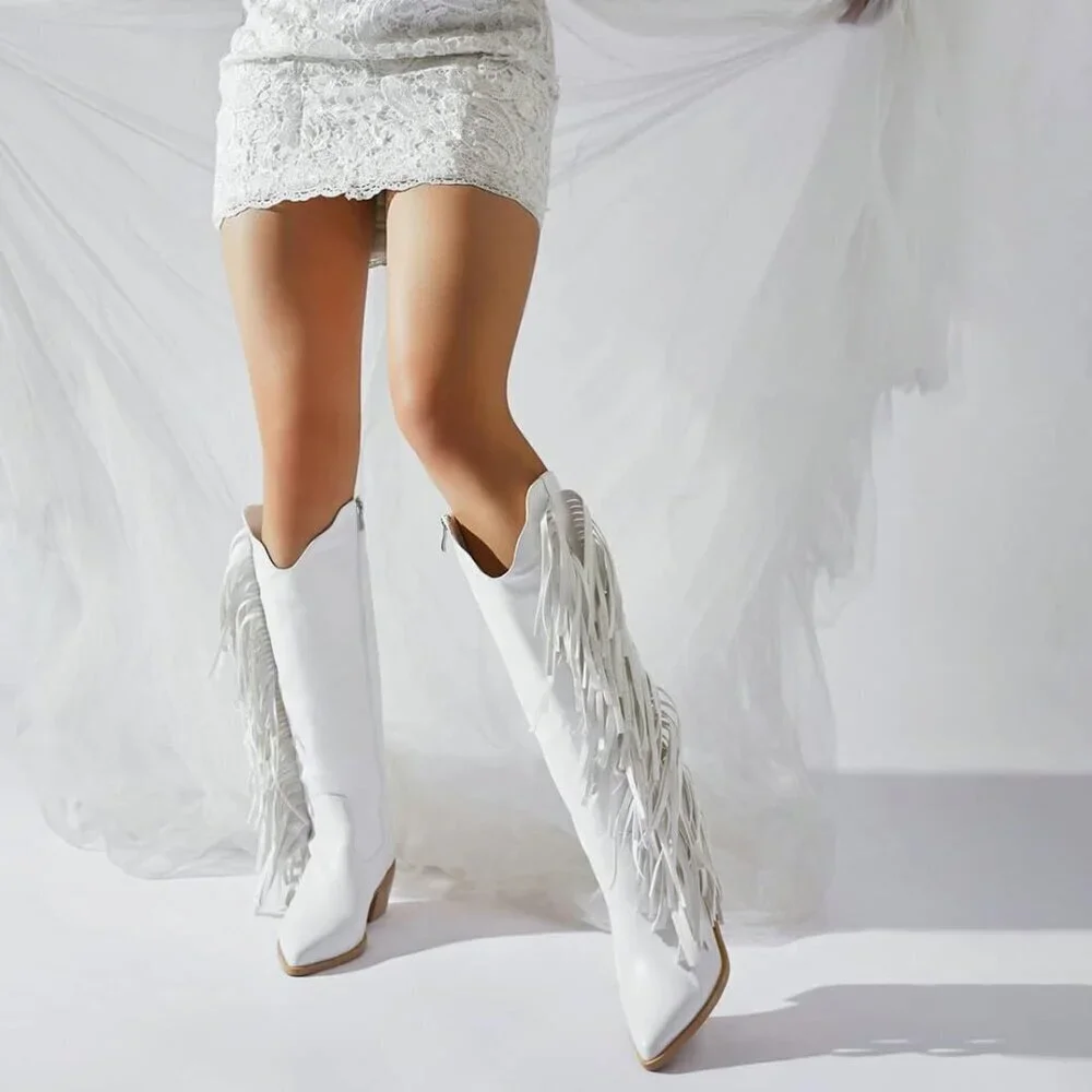 Women White Synthetic Fringe Tassels Pointed Toe Knee High Western Cowgirl Boots